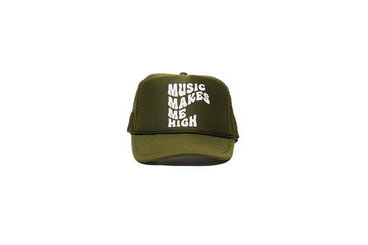 MUSIC MAKES ME HIGH TRUCKER OLIVE GREEN HAT