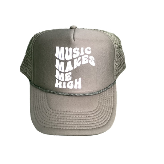 MUSIC MAKES ME HIGH TRUCKER OLIVE GREEN HAT